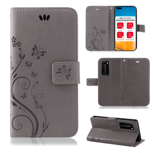 Huawei Handy Tasche Handyhülle Schutz Hülle Blumen Flip Cover Buch Case Etui Huawei P40 Pro Grau