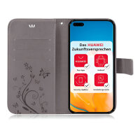 Huawei Handy Tasche Handyhülle Schutz Hülle Blumen Flip Cover Buch Case Etui Huawei P40 Pro Grau