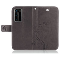 Huawei Handy Tasche Handyhülle Schutz Hülle Blumen Flip Cover Buch Case Etui Huawei P40 Pro Grau