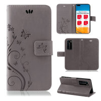Huawei Handy Tasche Handyhülle Schutz Hülle Blumen Flip Cover Buch Case Etui Huawei P40 Pro Grau
