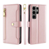 Handykette Samsung Hülle mit Band Handyhülle Kartenfächer PU Leder Umhängetasche Galaxy S24 Ultra Rosa