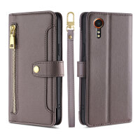 Handykette Samsung Hülle mit Band Handyhülle Kartenfächer PU Leder Umhängetasche Galaxy Xcover 7 Grau