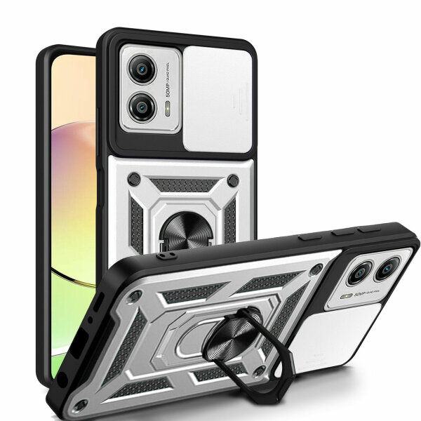 Outdoor Panzer Hülle Motorola Moto G13 / G23 / G53 mit Kameraschutz Ringhalter Silber