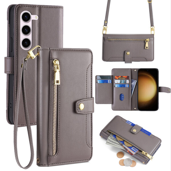 Handykette Samsung Hülle mit Band Handyhülle Kartenfächer PU Leder Umhängetasche Galaxy S23+ Grau