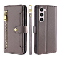 Handykette Samsung Hülle mit Band Handyhülle Kartenfächer PU Leder Umhängetasche Galaxy S23+ Grau
