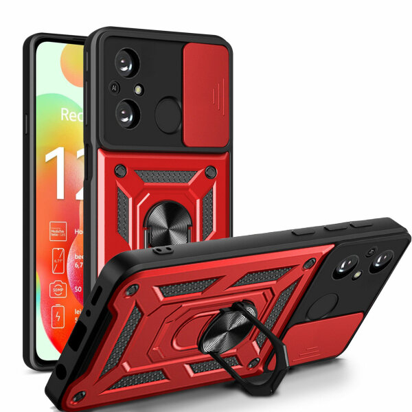 Outdoor Panzer Hülle Xiaomi Redmi 12C Handyhülle mit Kameraschutz Ringhalter Rot