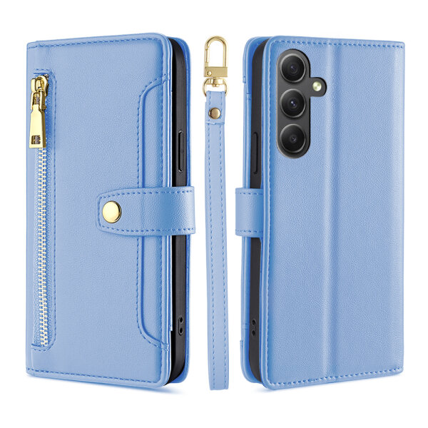 Handykette Samsung Hülle mit Band Handyhülle Kartenfächer PU Leder Umhängetasche Galaxy A35 Hellblau