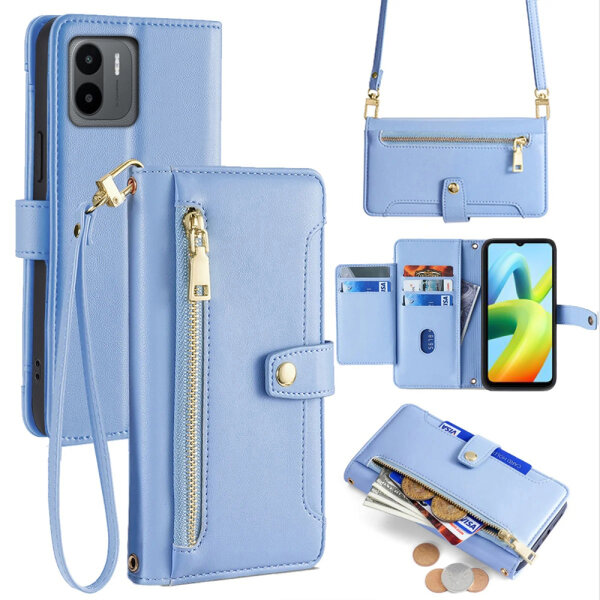 Handykette Xiaomi Hülle mit Band Handyhülle Kartenfächer PU Leder Umhängetasche Redmi A1 / A2 Hellblau