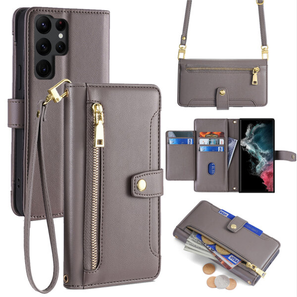 Handykette Samsung Hülle mit Band Handyhülle Kartenfächer PU Leder Umhängetasche Galaxy S22 Ultra Grau