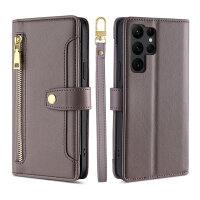 Handykette Samsung Hülle mit Band Handyhülle Kartenfächer PU Leder Umhängetasche Galaxy S22 Ultra Grau