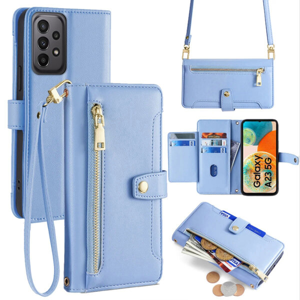 Handykette Samsung Hülle mit Band Handyhülle Kartenfächer PU Leder Umhängetasche Galaxy A23 Hellblau