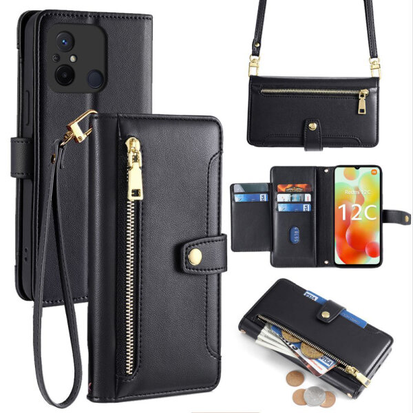 Handykette Xiaomi Hülle mit Band Handyhülle Kartenfächer PU Leder Umhängetasche Redmi 12C Schwarz