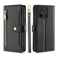 Handykette Xiaomi Hülle mit Band Handyhülle Kartenfächer PU Leder Umhängetasche Redmi 12C Schwarz
