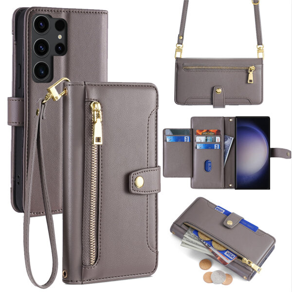 Handykette Samsung Hülle mit Band Handyhülle Kartenfächer PU Leder Umhängetasche Galaxy S23 Ultra Grau