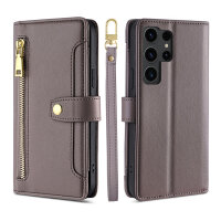 Handykette Samsung Hülle mit Band Handyhülle Kartenfächer PU Leder Umhängetasche Galaxy S23 Ultra Grau