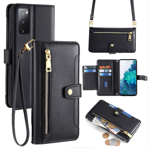 Handykette Samsung Hülle mit Band Handyhülle Kartenfächer PU Leder Umhängetasche Galaxy S20 FE Schwarz