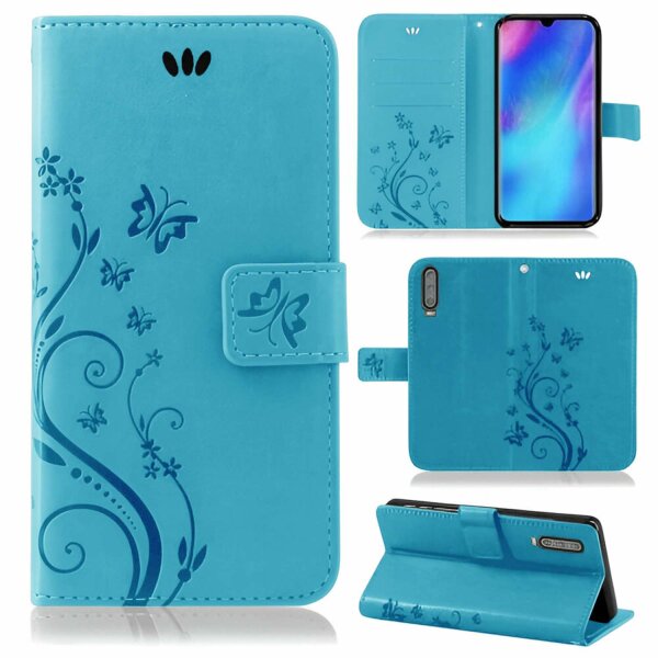 Huawei Handy Tasche Handyhülle Schutz Hülle Blumen Flip Cover Buch Case Etui Huawei P30 Blau