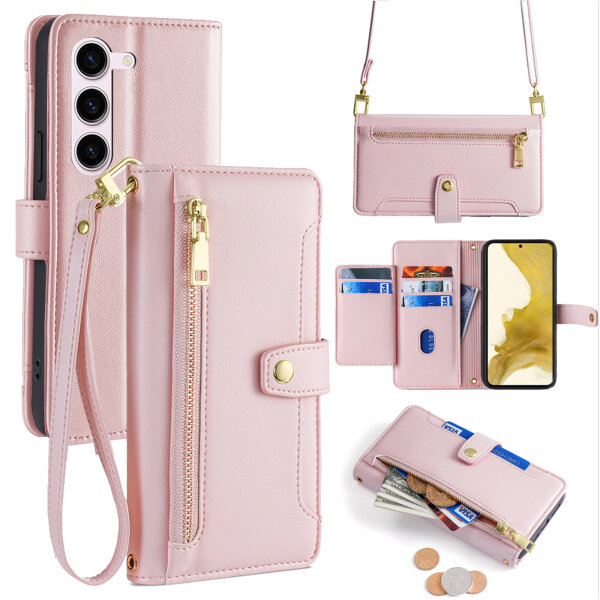 Handykette Samsung Hülle mit Band Handyhülle Kartenfächer PU Leder Umhängetasche Galaxy S22 Rosa