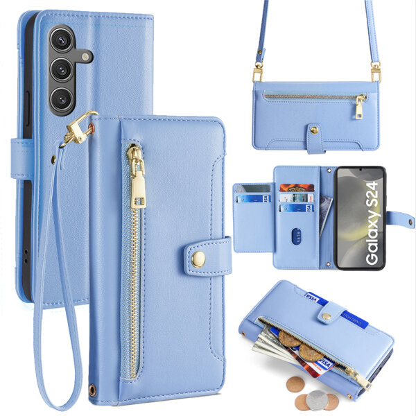 Handykette Samsung Hülle mit Band Handyhülle Kartenfächer PU Leder Umhängetasche Galaxy S24 Hellblau