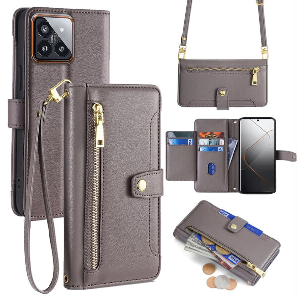 Handykette Xiaomi Hülle mit Band Handyhülle Kartenfächer PU Leder Umhängetasche 14 Pro Grau