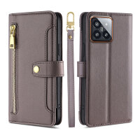 Handykette Xiaomi Hülle mit Band Handyhülle Kartenfächer PU Leder Umhängetasche 14 Pro Grau