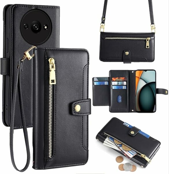 Handykette Xiaomi Hülle mit Band Handyhülle Kartenfächer PU Leder Umhängetasche Redmi A3 Schwarz