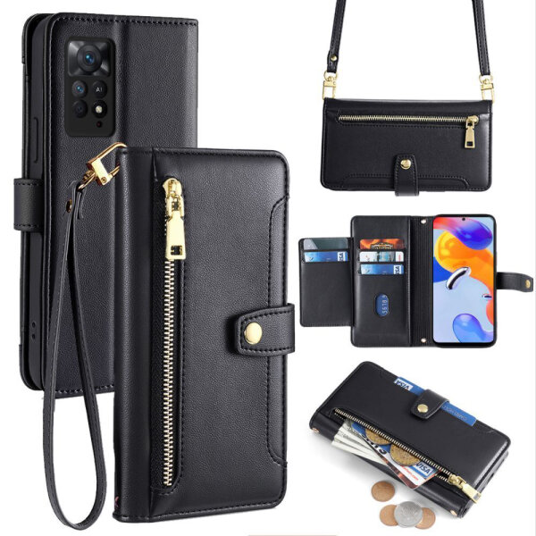 Handykette Xiaomi Hülle mit Band Handyhülle Kartenfächer PU Leder Umhängetasche Redmi Note 11 Pro / Redmi Note 12 Pro 4G Schwarz