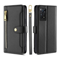 Handykette Xiaomi Hülle mit Band Handyhülle Kartenfächer PU Leder Umhängetasche Redmi Note 11 Pro / Redmi Note 12 Pro 4G Schwarz