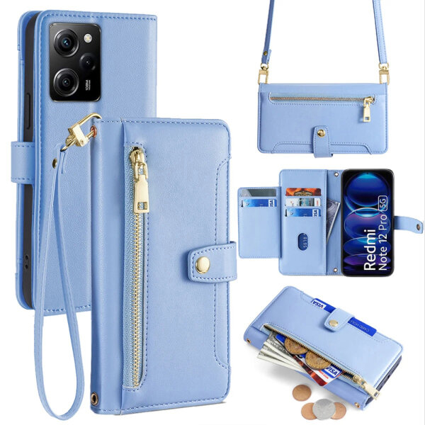 Handykette Xiaomi Hülle mit Band Handyhülle Kartenfächer PU Leder Umhängetasche Redmi Note 12 Pro 5G / Poco X5 Pro 5G Hellblau