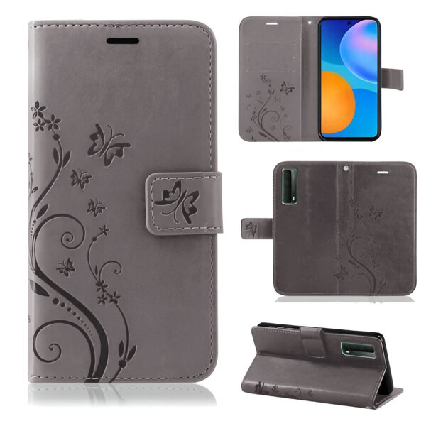 Huawei Hülle Handy Tasche Handyhülle Wallet Case Schutzhülle Blumen Mappe Etui  Huawei P-Smart 2021 Grau