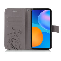 Huawei Hülle Handy Tasche Handyhülle Wallet Case Schutzhülle Blumen Mappe Etui  Huawei P-Smart 2021 Grau
