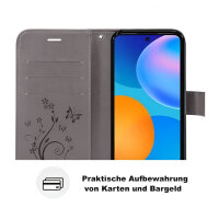 Huawei Hülle Handy Tasche Handyhülle Wallet Case Schutzhülle Blumen Mappe Etui  Huawei P-Smart 2021 Grau