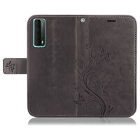Huawei Hülle Handy Tasche Handyhülle Wallet Case Schutzhülle Blumen Mappe Etui  Huawei P-Smart 2021 Grau