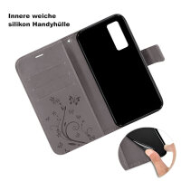 Huawei Hülle Handy Tasche Handyhülle Wallet Case Schutzhülle Blumen Mappe Etui  Huawei P-Smart 2021 Grau