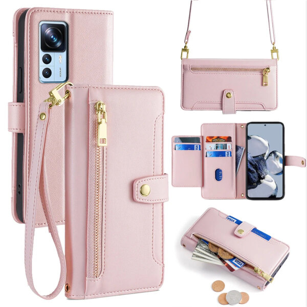 Handykette Xiaomi Hülle mit Band Handyhülle Kartenfächer PU Leder Umhängetasche 12T / 12T Pro Rosa