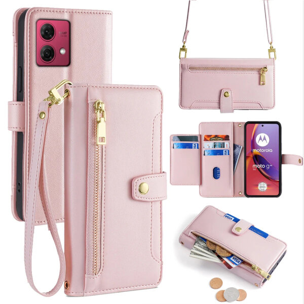 Handykette Motorola Hülle mit Band Handyhülle Kartenfächer Leder Umhängetasche Moto G84 Rosa