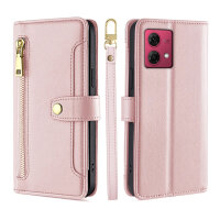 Handykette Motorola Hülle mit Band Handyhülle Kartenfächer Leder Umhängetasche Moto G84 Rosa