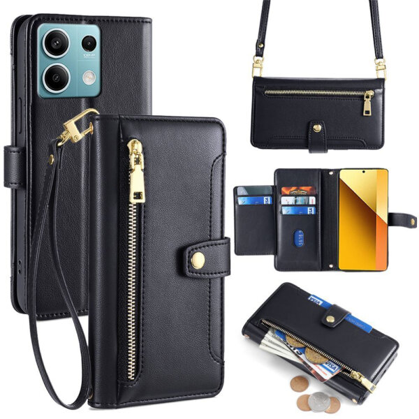 Handykette Xiaomi Hülle mit Band Handyhülle Kartenfächer PU Leder Umhängetasche Redmi Note 13 4G Schwarz