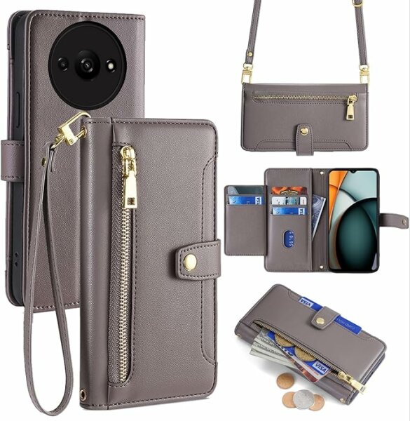 Handykette Xiaomi Hülle mit Band Handyhülle Kartenfächer PU Leder Umhängetasche Redmi A3 Grau