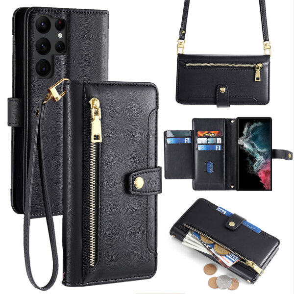 Handykette Samsung Hülle mit Band Handyhülle Kartenfächer PU Leder Umhängetasche Galaxy S22 Ultra Schwarz