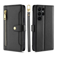 Handykette Samsung Hülle mit Band Handyhülle Kartenfächer PU Leder Umhängetasche Galaxy S22 Ultra Schwarz