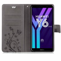Huawei Handy Tasche Handyhülle Schutz Hülle Blumen Flip Cover Buch Case Etui Huawei Y6 2018 Grau