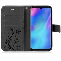 Huawei Handy Tasche Handyhülle Schutz Hülle Blumen Flip Cover Buch Case Etui Huawei P30 Lite Schwarz