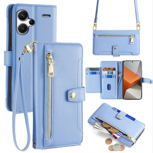 Handykette Xiaomi Hülle mit Band Handyhülle Kartenfächer PU Leder Umhängetasche Redmi Note 13 Pro+ 5G Hellblau