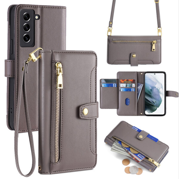 Handykette Samsung Hülle mit Band Handyhülle Kartenfächer PU Leder Umhängetasche Galaxy S21 FE Grau