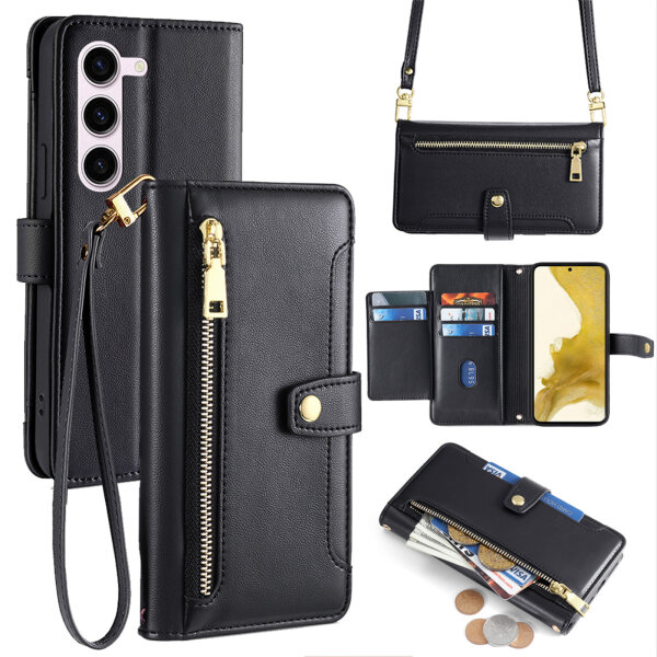 Handykette Samsung Hülle mit Band Handyhülle Kartenfächer PU Leder Umhängetasche Galaxy S22 Schwarz