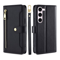 Handykette Samsung Hülle mit Band Handyhülle Kartenfächer PU Leder Umhängetasche Galaxy S22 Schwarz