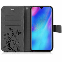 Huawei Handy Tasche Handyhülle Schutz Hülle Blumen Flip Cover Buch Case Etui Huawei P30 Pro Schwarz