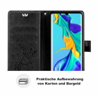 Huawei Handy Tasche Handyhülle Schutz Hülle Blumen Flip Cover Buch Case Etui Huawei P30 Pro Schwarz