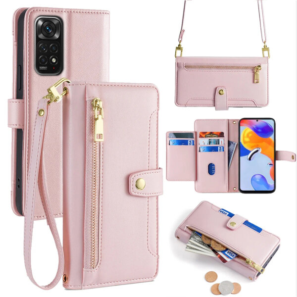 Handykette Xiaomi Hülle mit Band Handyhülle Kartenfächer PU Leder Umhängetasche Redmi Note 11 / 11S 4G Rosa